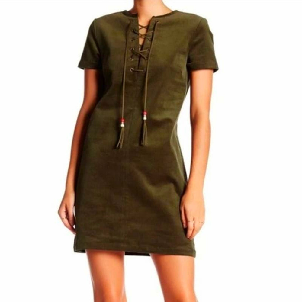 Romeo & Juliet Couture MED Olive Green Corduroy Shift Dress Boho Mini Beaded